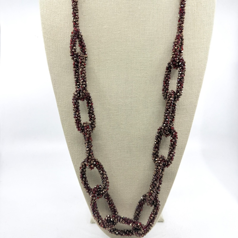 Red Bronze Tone Faceted Bead Woven Chain Link Long Necklace Statement Jewelry